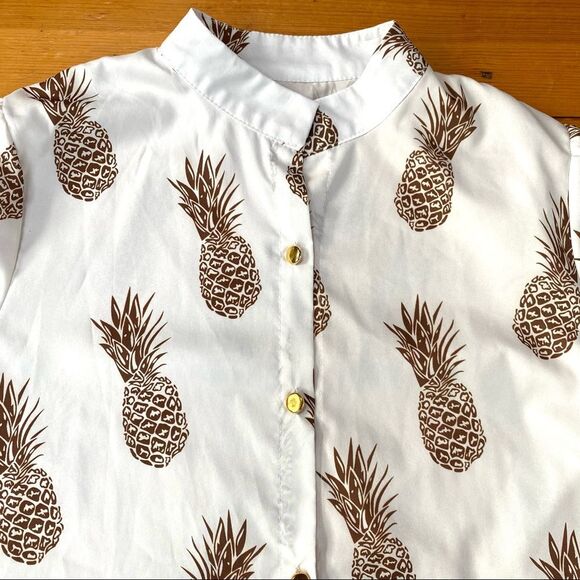 White Brown Pineapple Sheer Long Sleeve Button Down Blouse Shirt Top - Picture 2 of 2